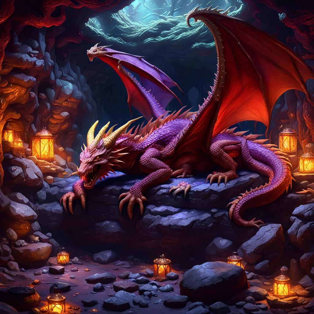 Red Dragon Sleeping in Treasure Cave: Dark Fantasy Art
