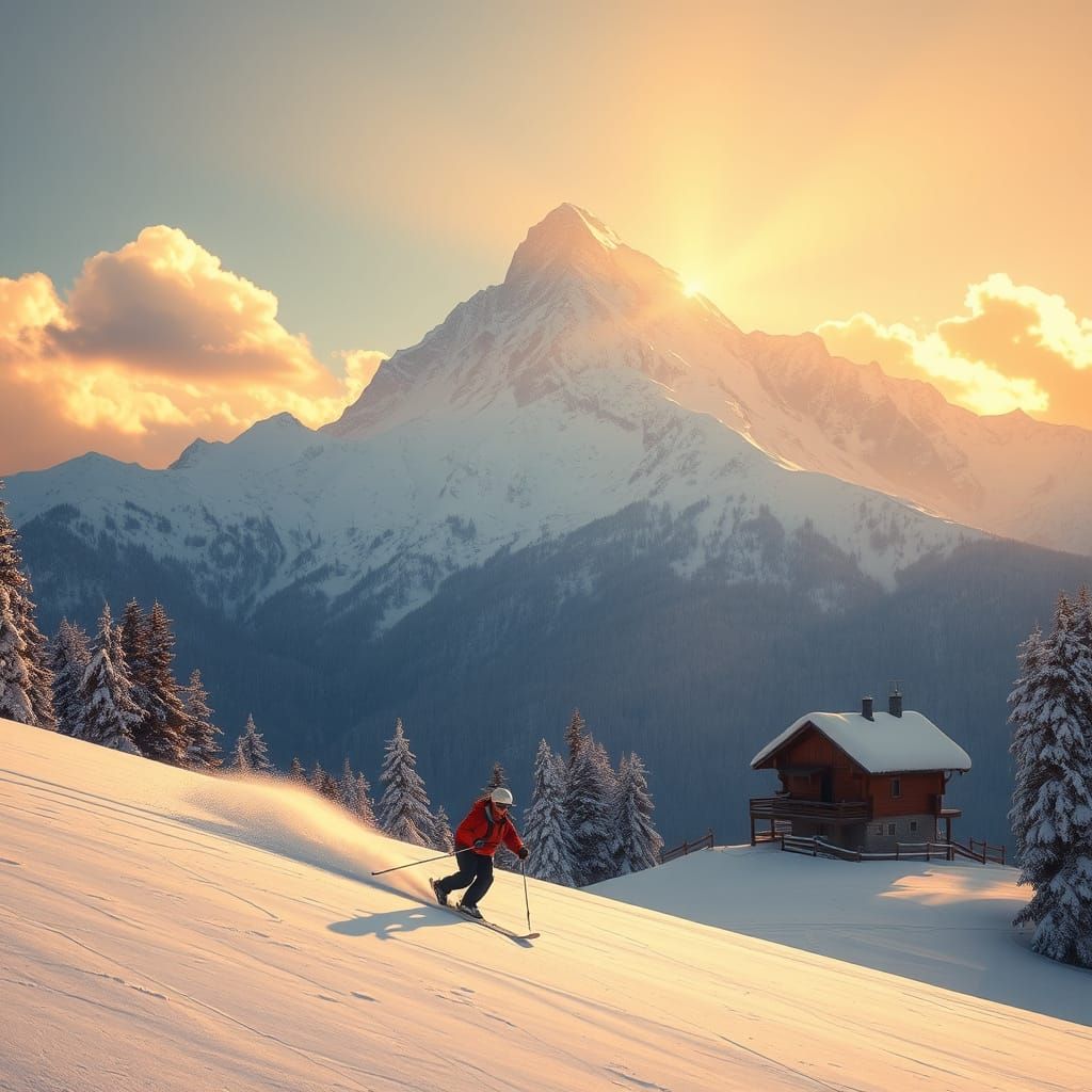 Skiing Down a Serene Alpine Slope in a Luminous Landscape St...