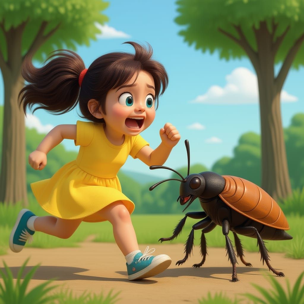 Frightened Girl Running from Cockroach