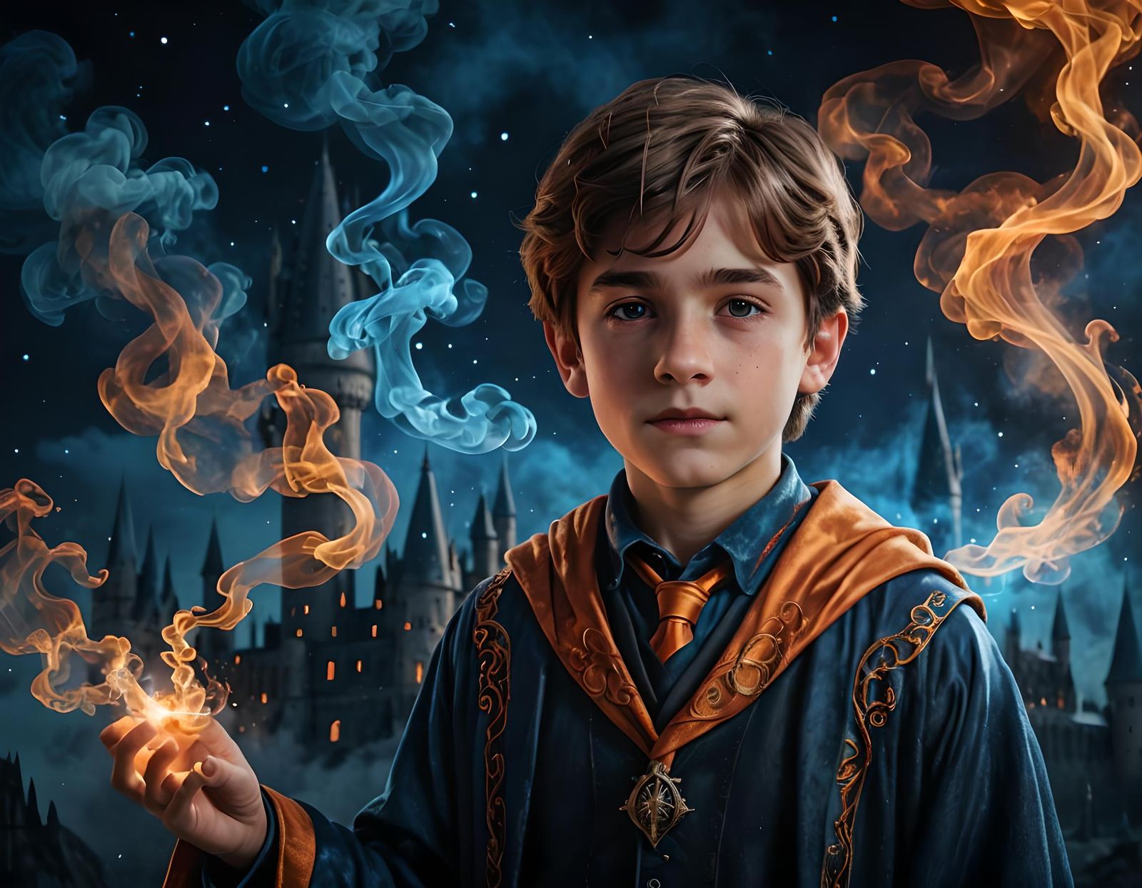 Young Wizard Portrait with Magic Dress and Smoke