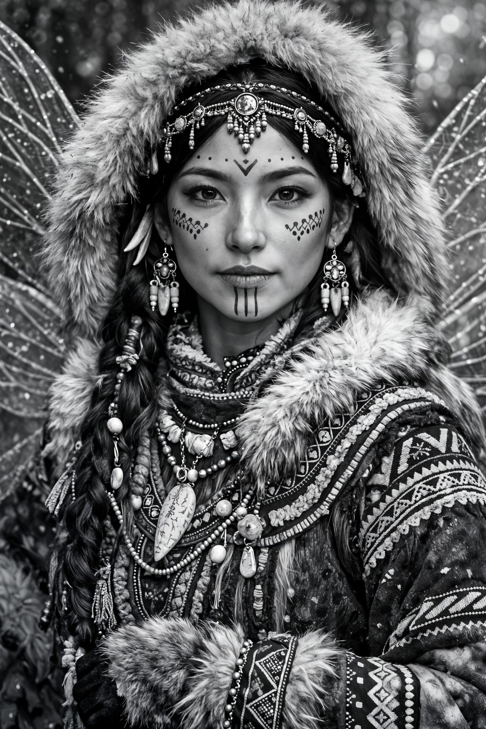Hyper-Detailed Inuit Fairy Portrait in Black and White