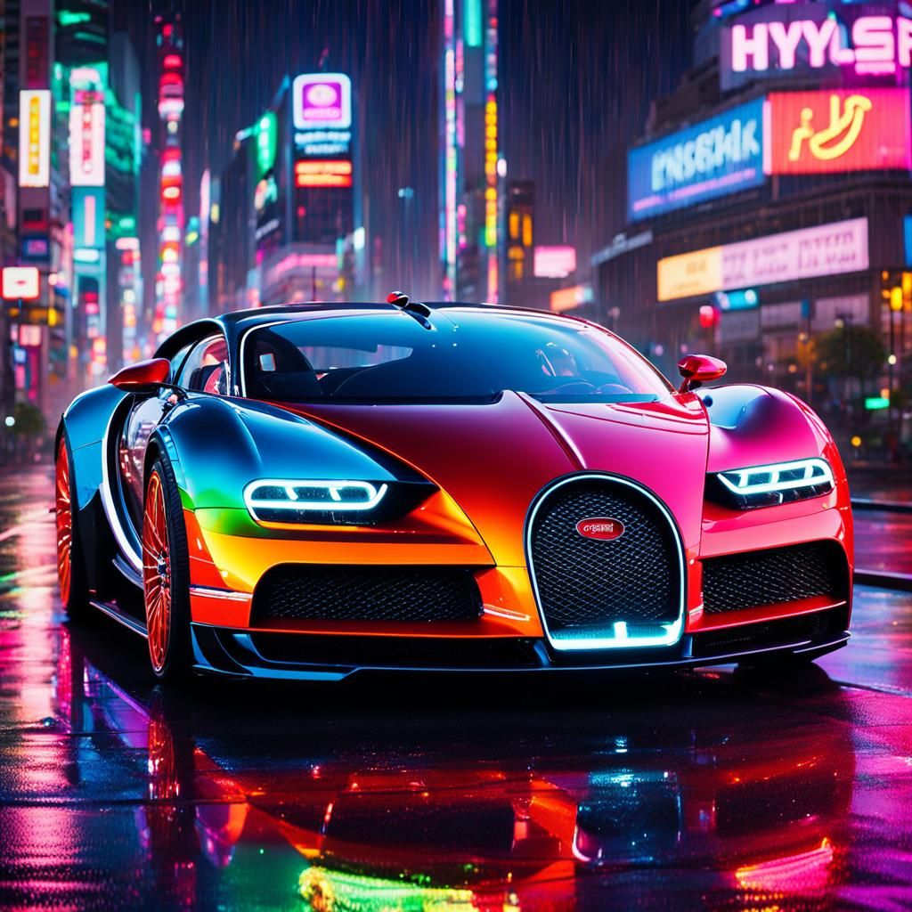 Vaporwave Bugatti in Rainy Tokyo Night