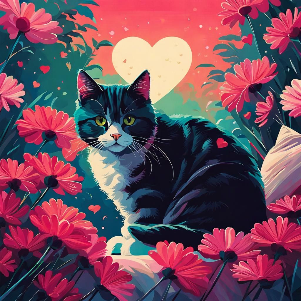 Cute Cat Surrounded by Flowers in Digital Art Style