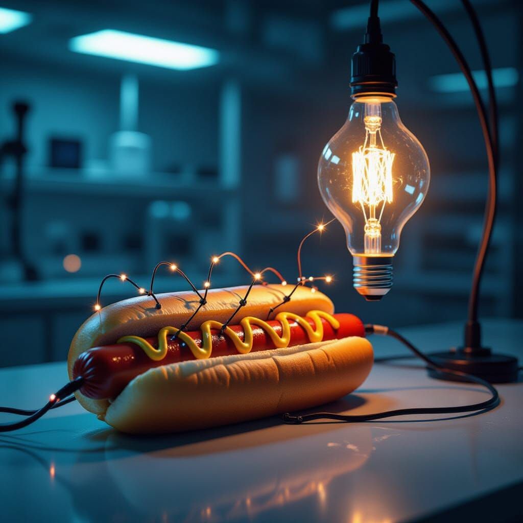 Electrified Hotdog Lights Bulb in Futuristic Lab