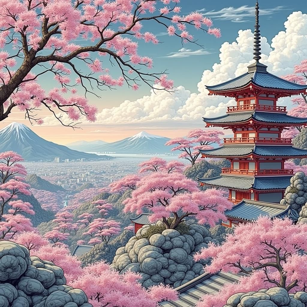 Misty Japanese Landscape with Cherry Blossoms