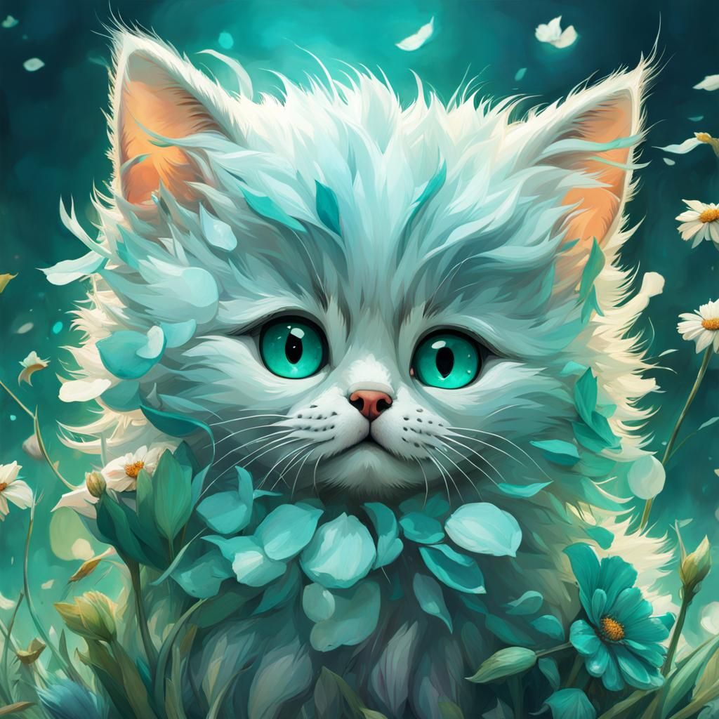 Cute Cat with Flowers in Painterly Style