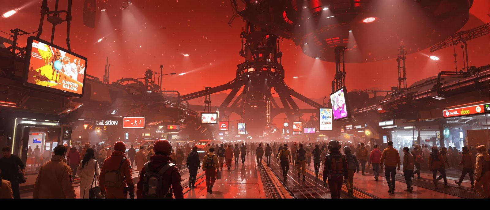 Hyperrealistic Martian Rail Station with Alien Passengers