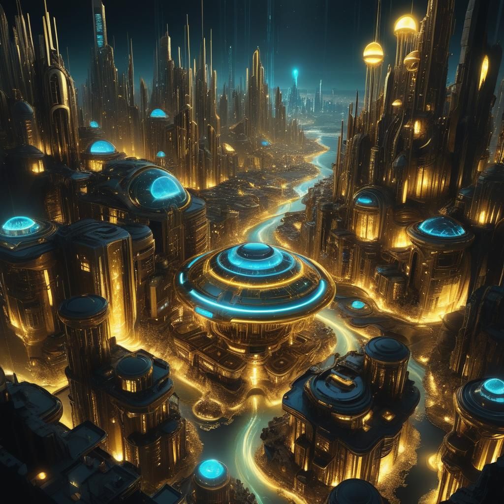 Golden Bioluminescent City of the Future in HDR