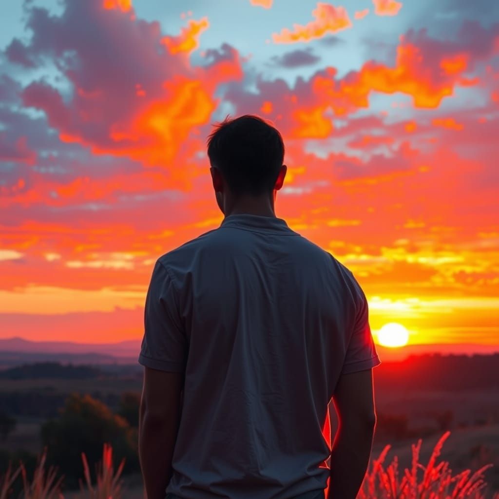 Man Contemplating a Vibrant Sunset in Impressionist Style