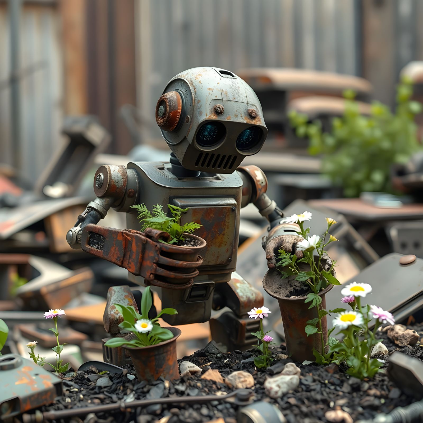 Rusty Robot Tends to Junkyard Garden