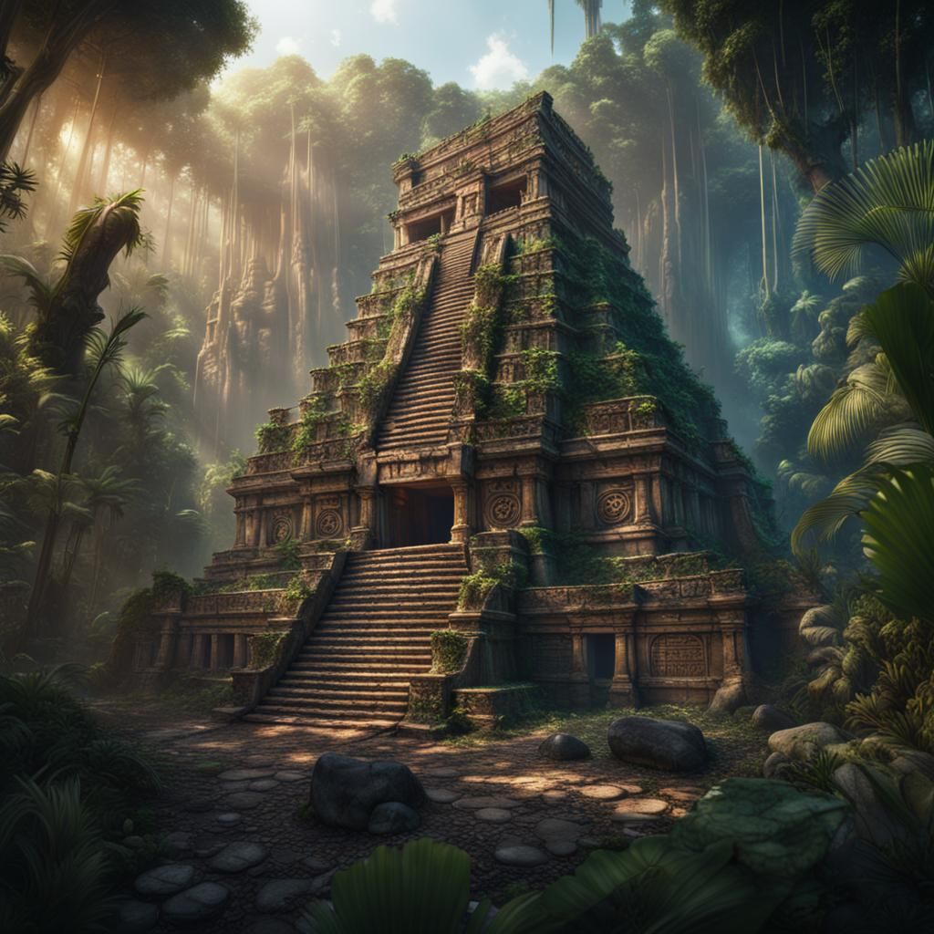 Mayan Temple Ablaze in Jungle, Detailed Digital Painting