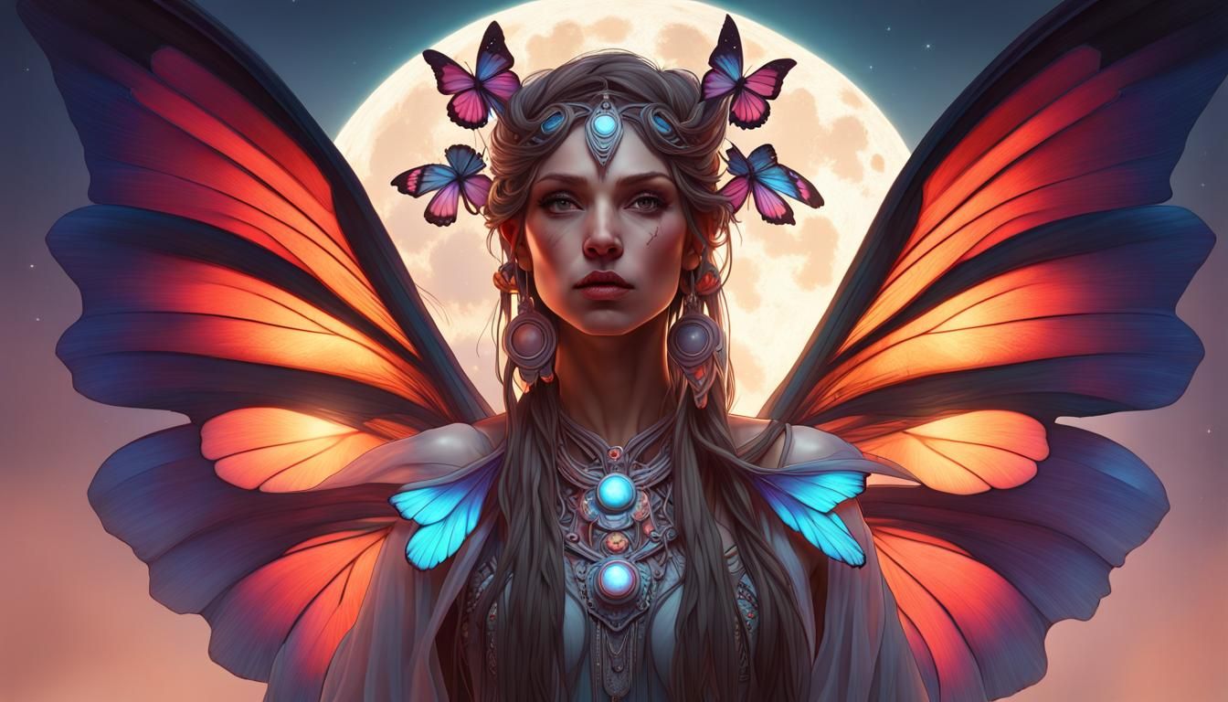 Butterfly-Winged Shaman-Angel in Moonlight: Hyperdetailed Po...