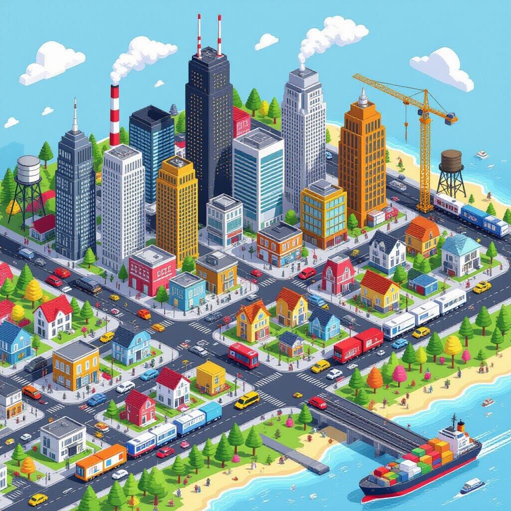 Vibrant Isometric Cityscape in Retro Simulation Style