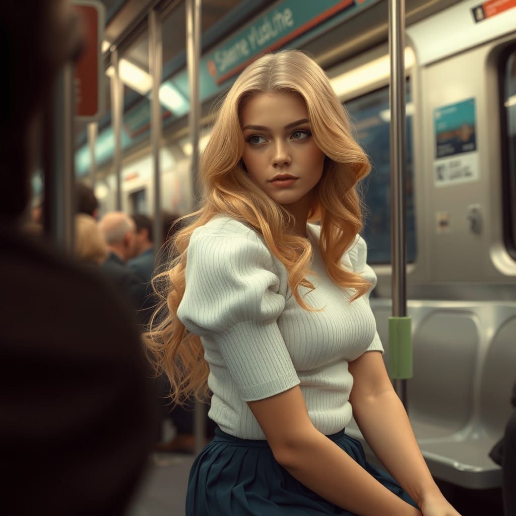 Woman in 80s Fashion on a Crowded Subway Train