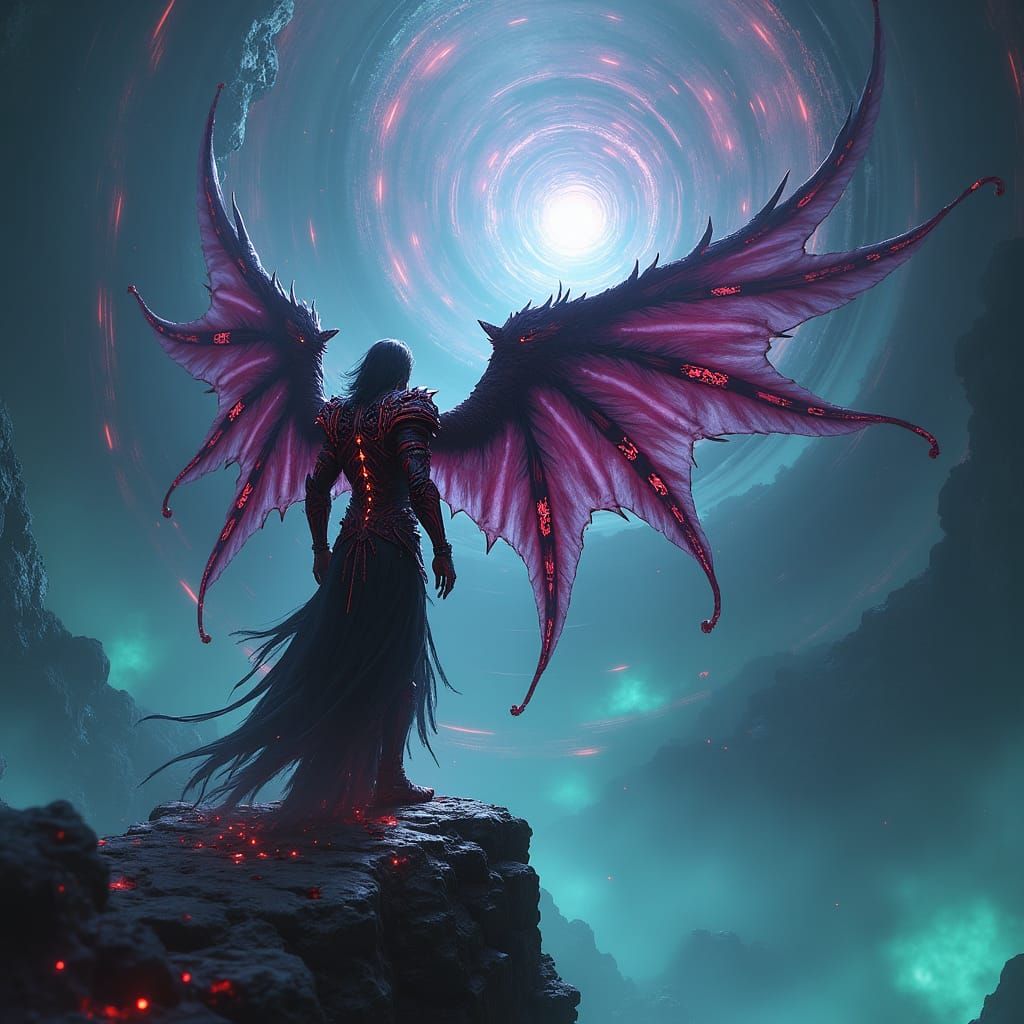 Dark Angel at Multiverse Vortex in Dark Fantasy Style