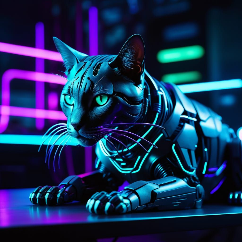 Robot Cat with Glowing Eyes in Ominous Lab