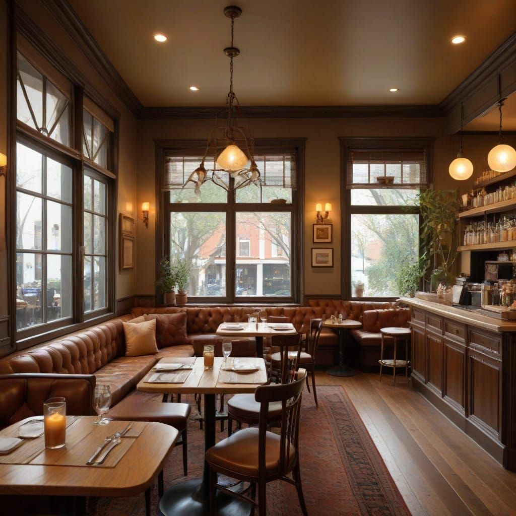 Warm Bistro Cafe with Rich Wood Tones and Cozy Ambiance