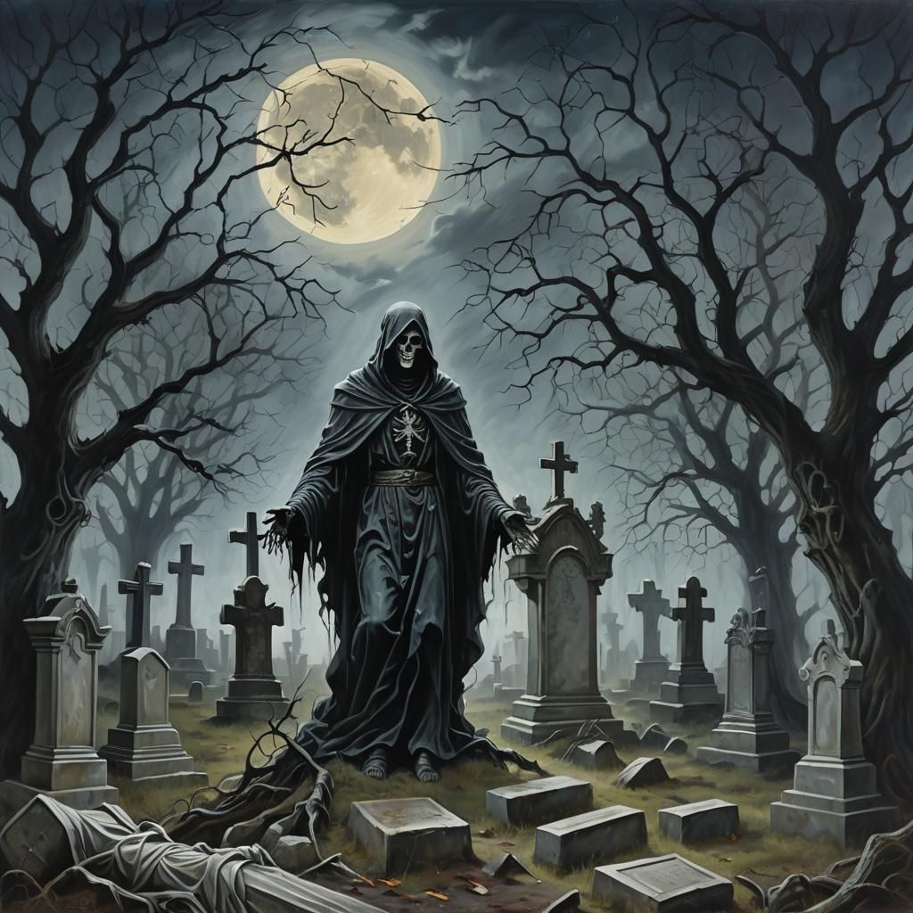 Gothic Figure Rises in Surreal Cemetery: Oil Painting