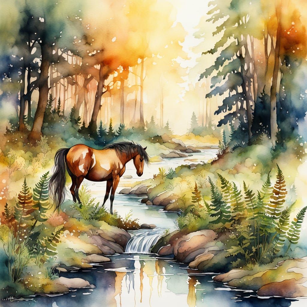 Whimsical Watercolour Illustration of a Wild Horse