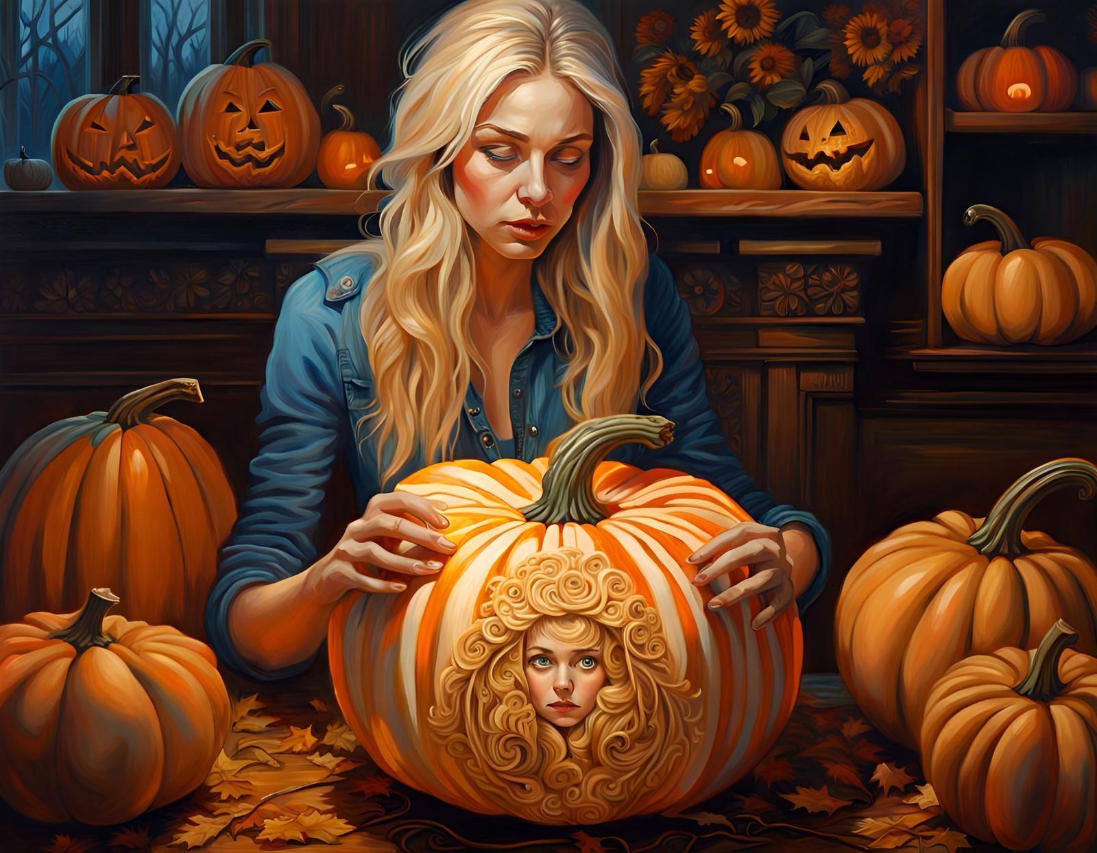 Norwegian Woman Carving Pumpkin in Folk Art Style