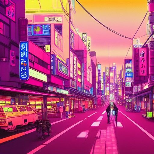 Psychedelic Cityscape of Japan in Synthwave Style