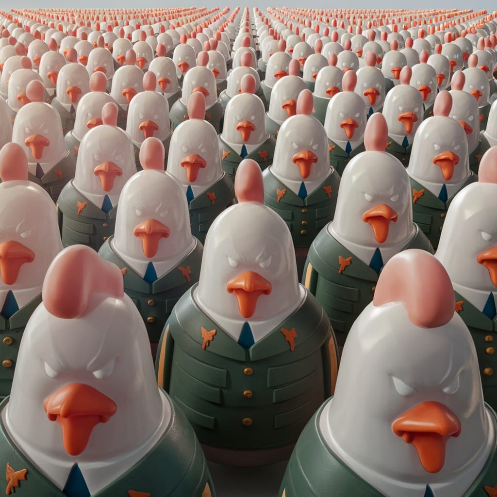 a minimalist  overlord army of rubber chicken noise toys
