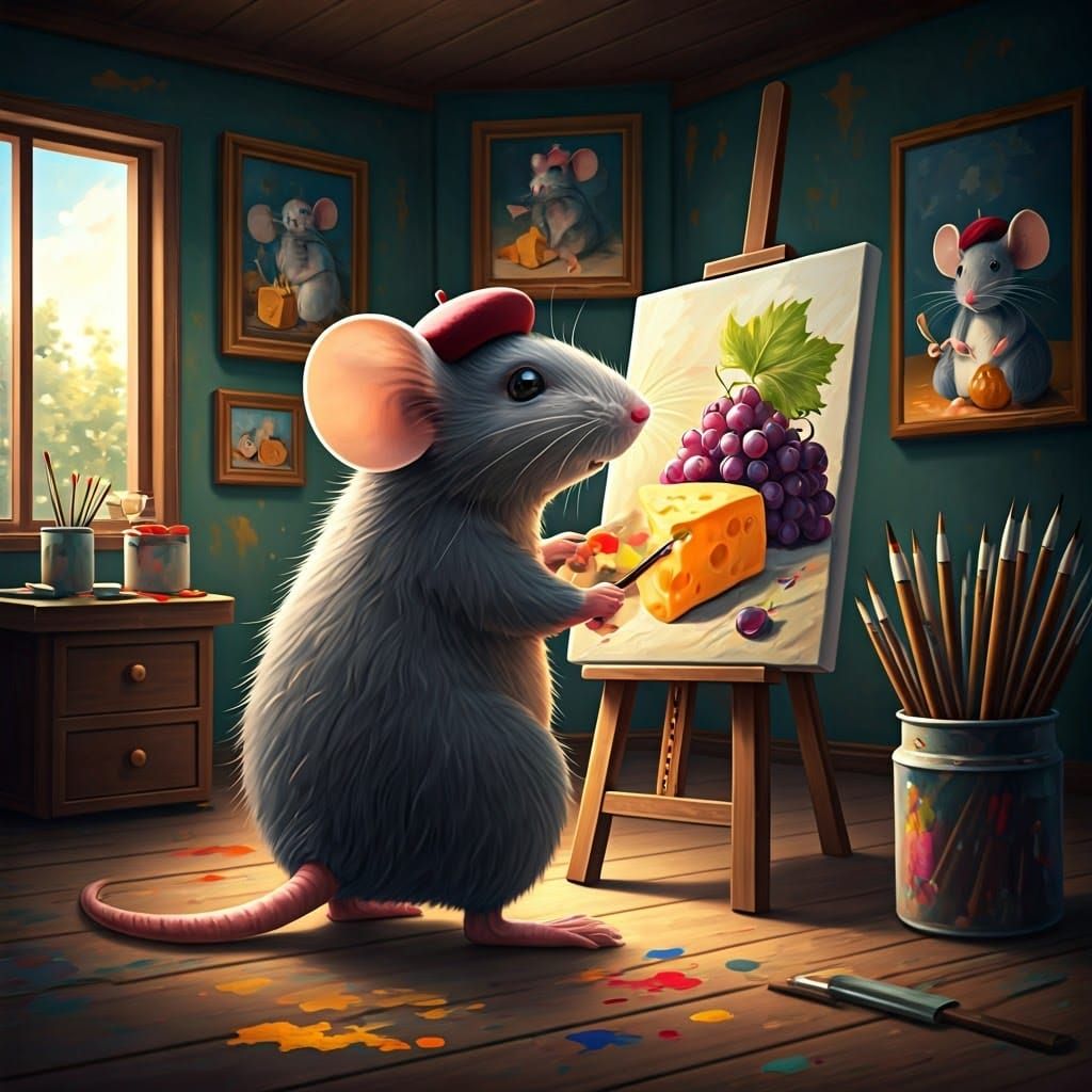 Whimsical Mouse Painter in Charming Art Studio