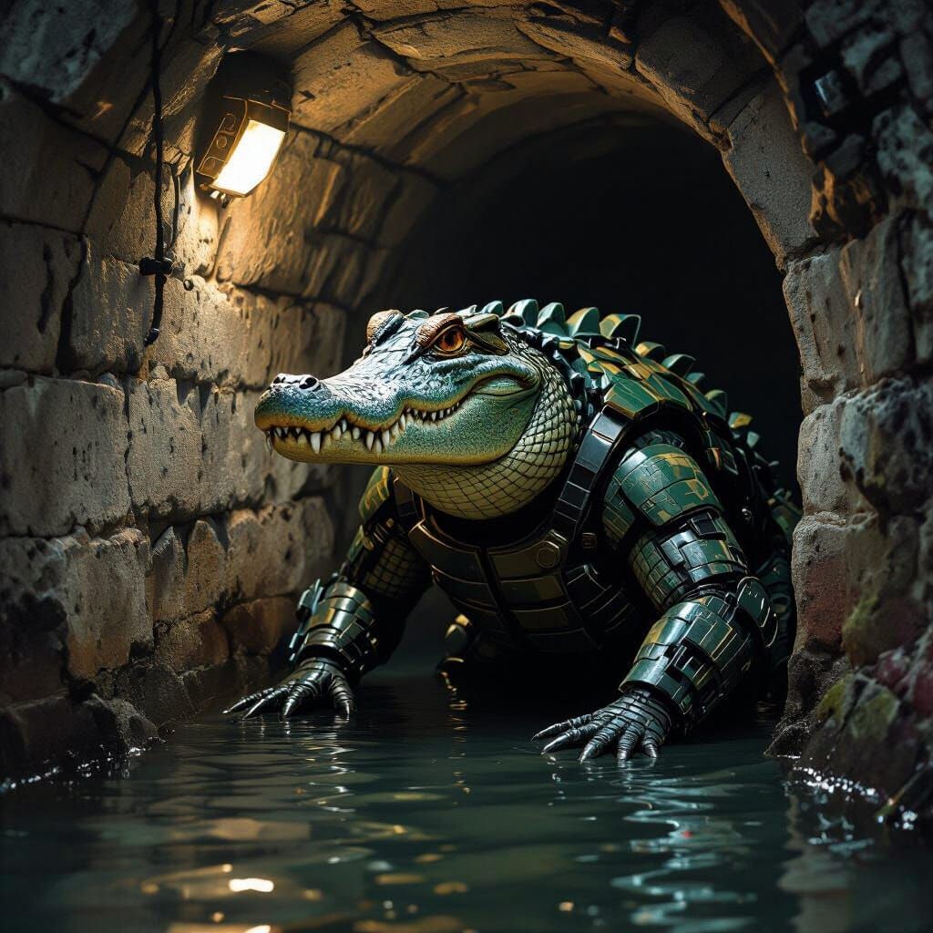 Cyborg Alligator Operative in Goth Steampunk Sewer