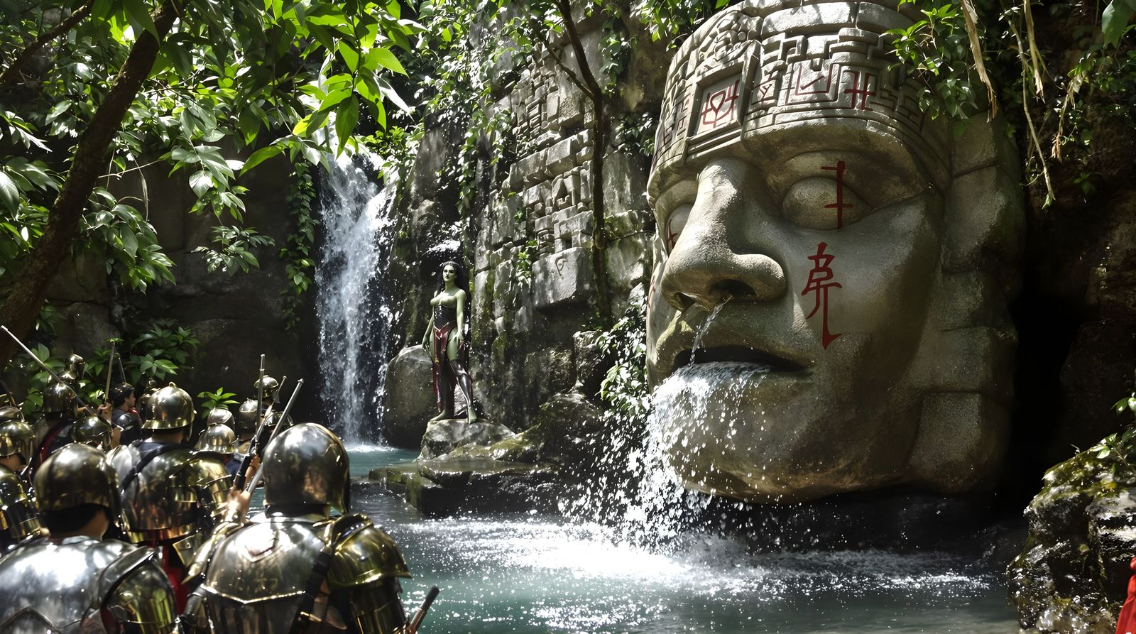 Conquistadors Meet Jungle Goddess by Olmec Head
