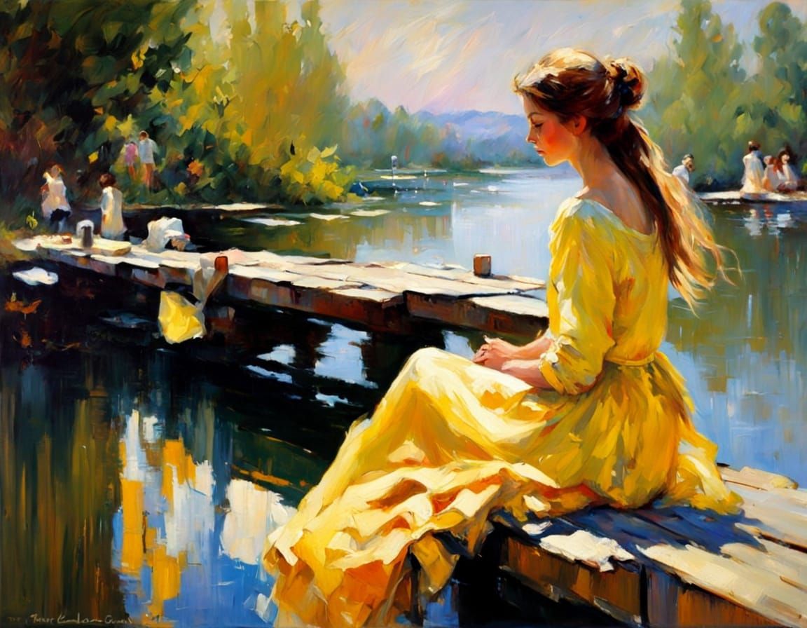 Serene Lake Scene in Impressionistic Oil Painting Style