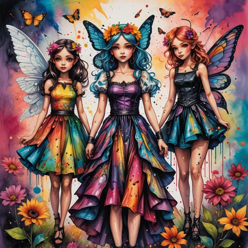 Whimsical Angel, Demon, and Fairy Crayon Drawing