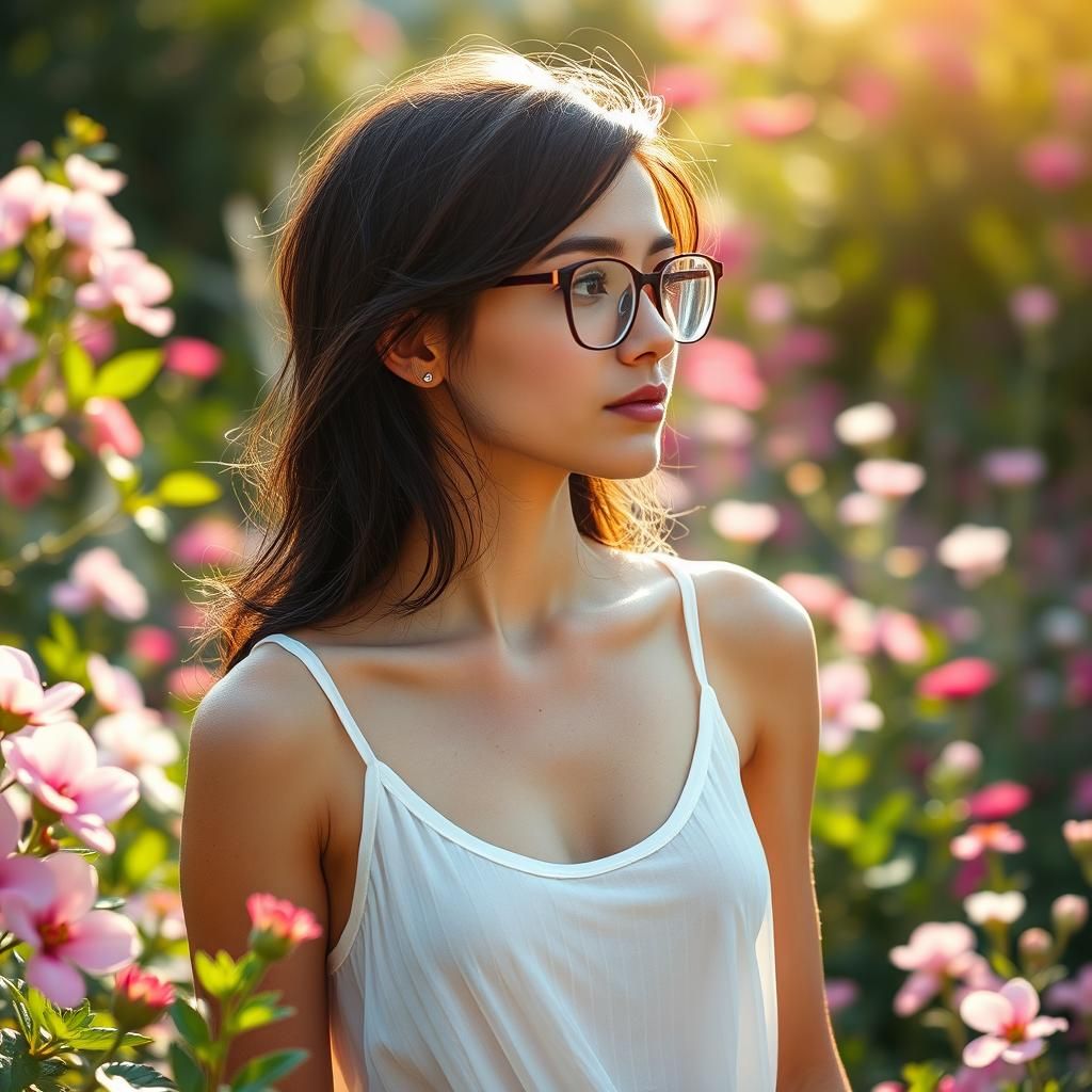 Woman in Flower Garden with Bokeh, Hyperrealistic Shading