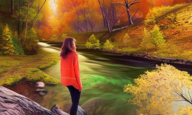 Autumn Forest with River and Girl: Photorealistic Illustrati...