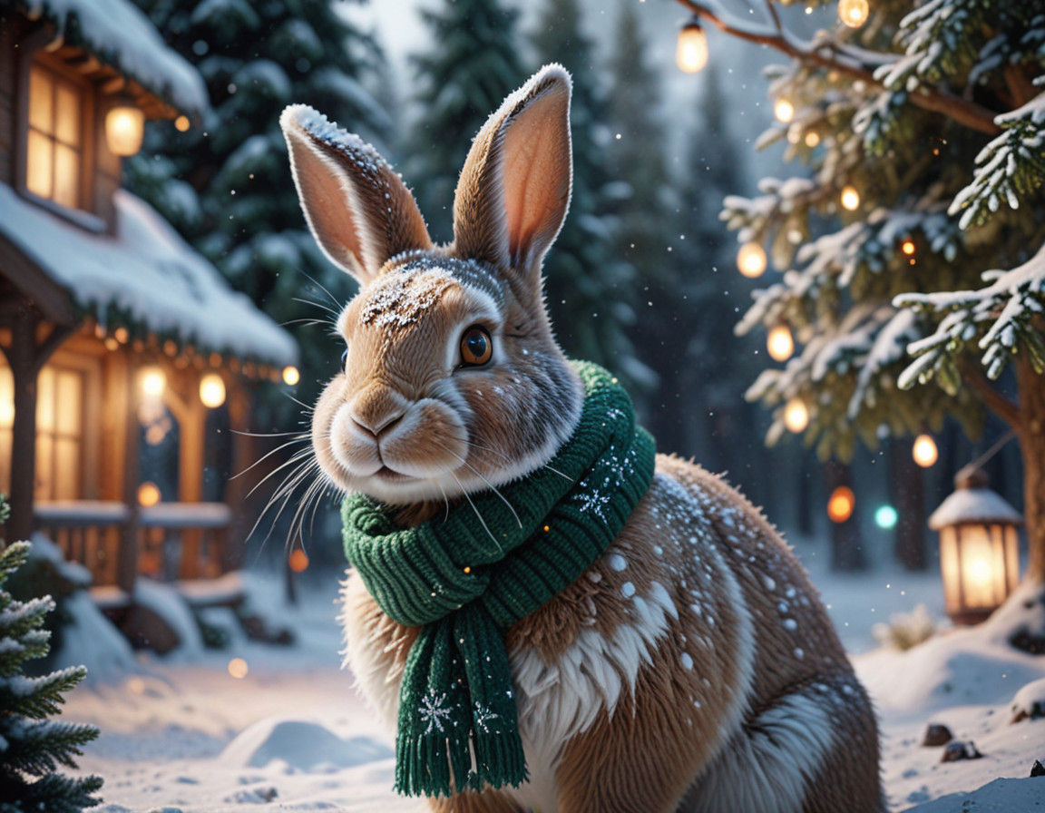 Whimsical Winter Wonderland with Fluffy Rabbit and Twinkling...
