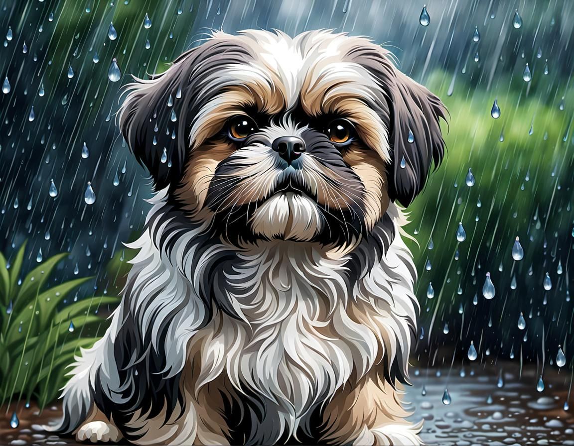 Shih-Tzu in Rain: Ultrarealistic Detailed Illustration