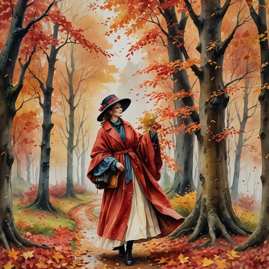Victorian Woman in Autumn Forest: Watercolor Painting
