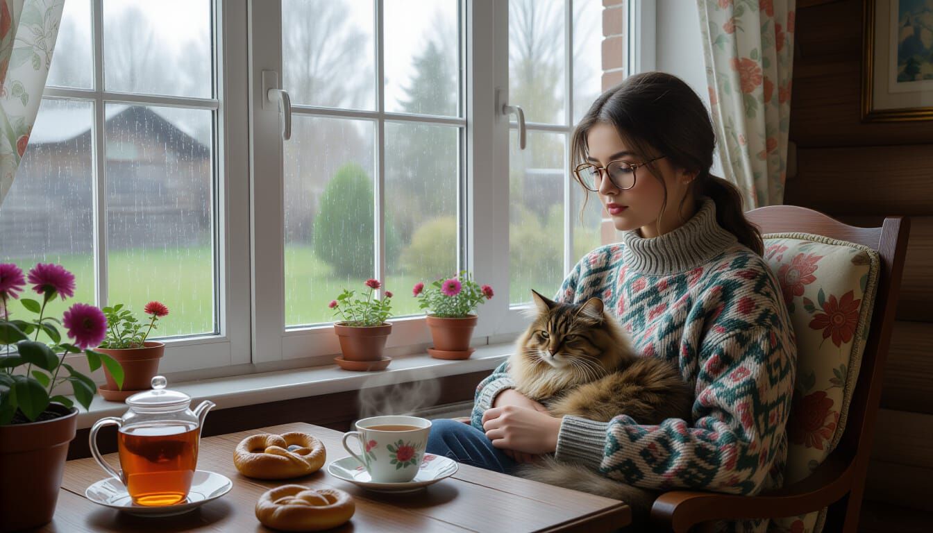 Cozy Dacha Scene with Woman, Cat, and Tea