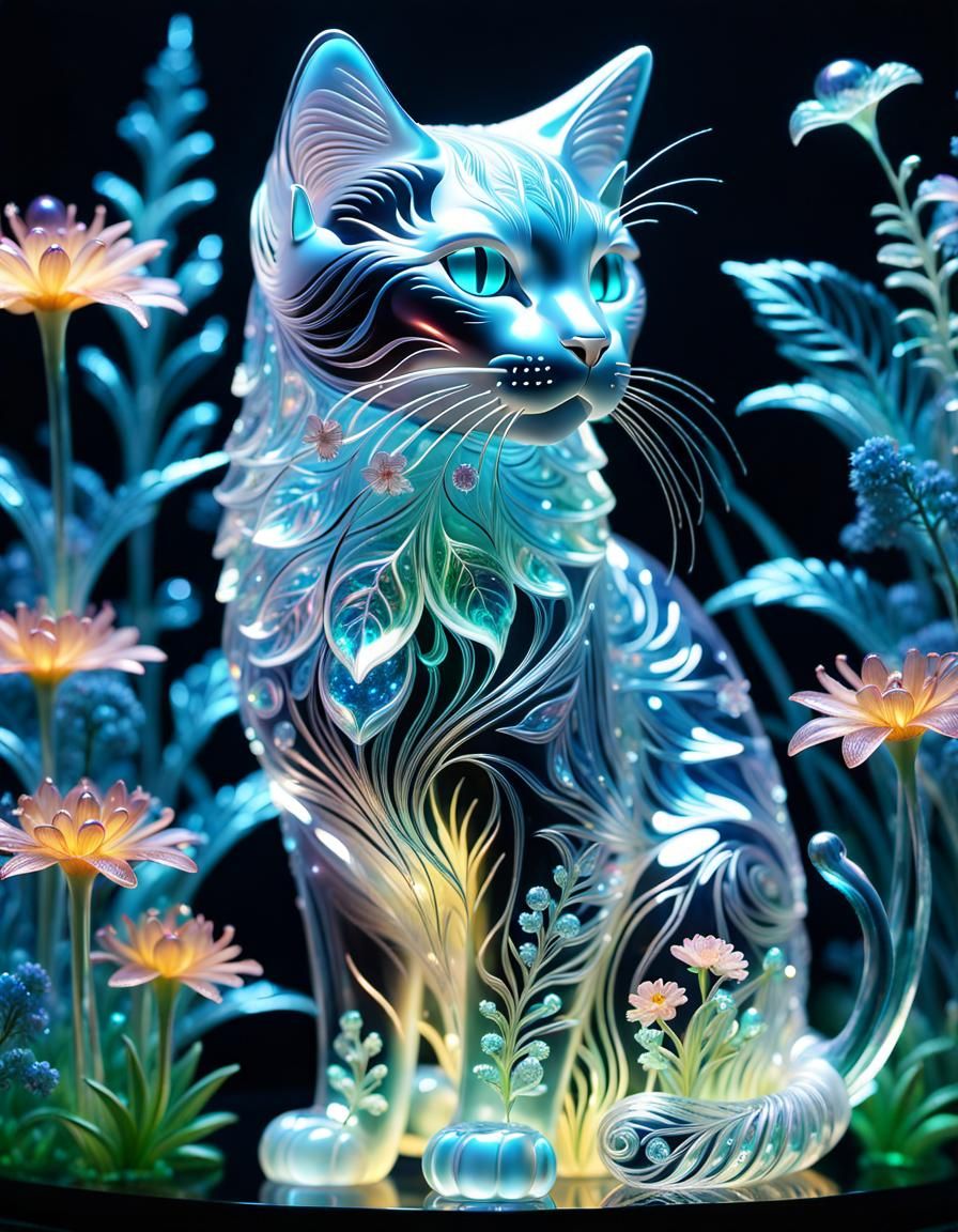 Bioluminescent Crystal Cat Sculpture in Fantasy Art Style