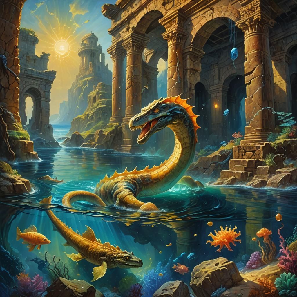 Sea Serpent in Underwater Ruins: Fantasy Oil Painting
