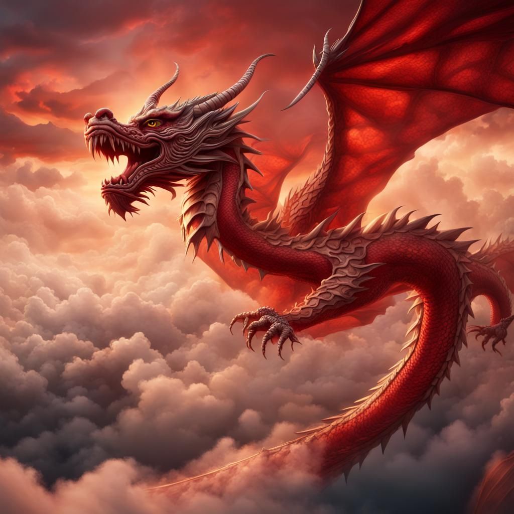 Ancient Red Dragon Soaring in a Dramatic Sky
