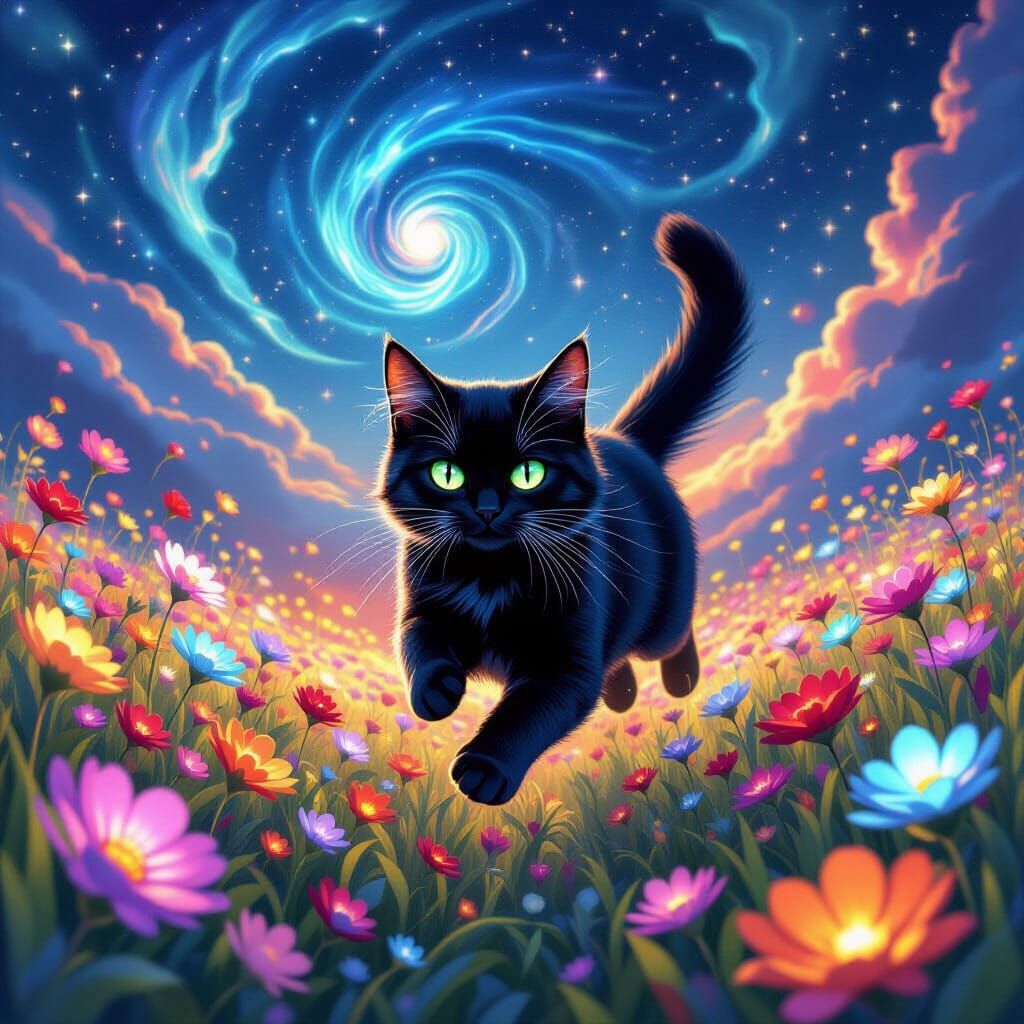 Black Cat Leaps Through Bioluminescent Flowers Under Cosmic ...