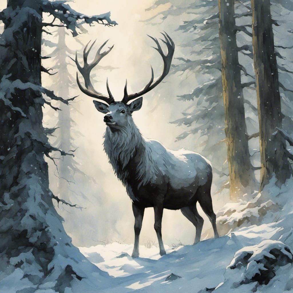 White Stag in Snowy Forest, Comic Book Style
