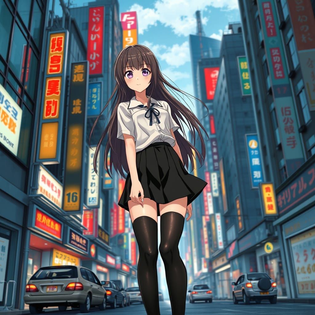 Tall Tokyo Girl in Vibrant Street Fashion