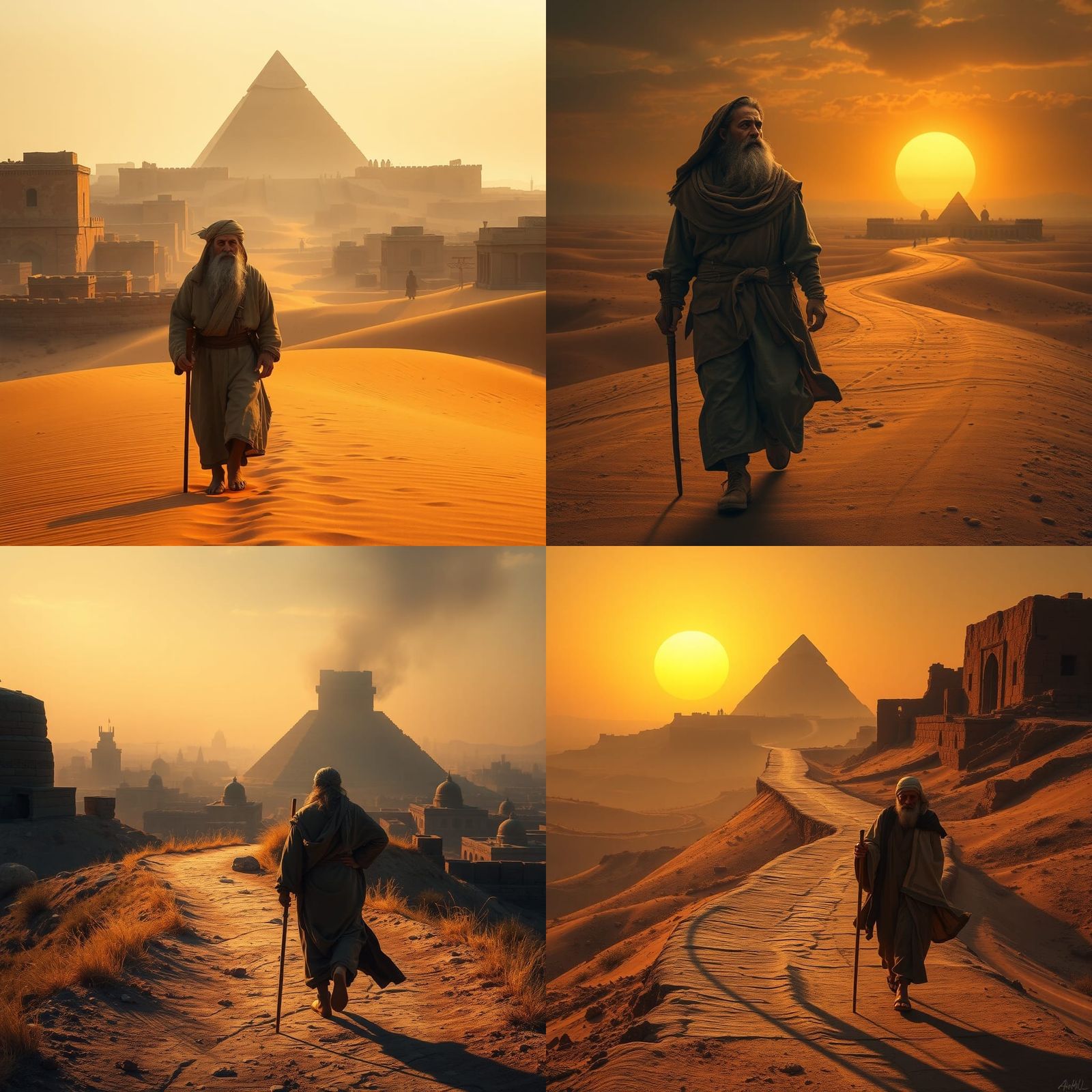 Man Leaving Ancient City in Desert Landscape