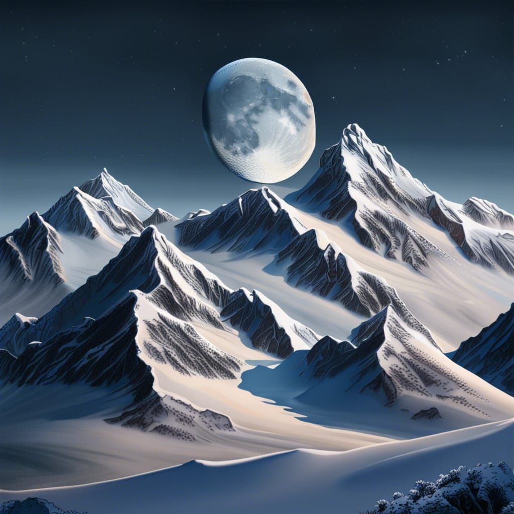 Snowy mountains with the moon behind, snow, detailed moon, hiperdetailed, realistic