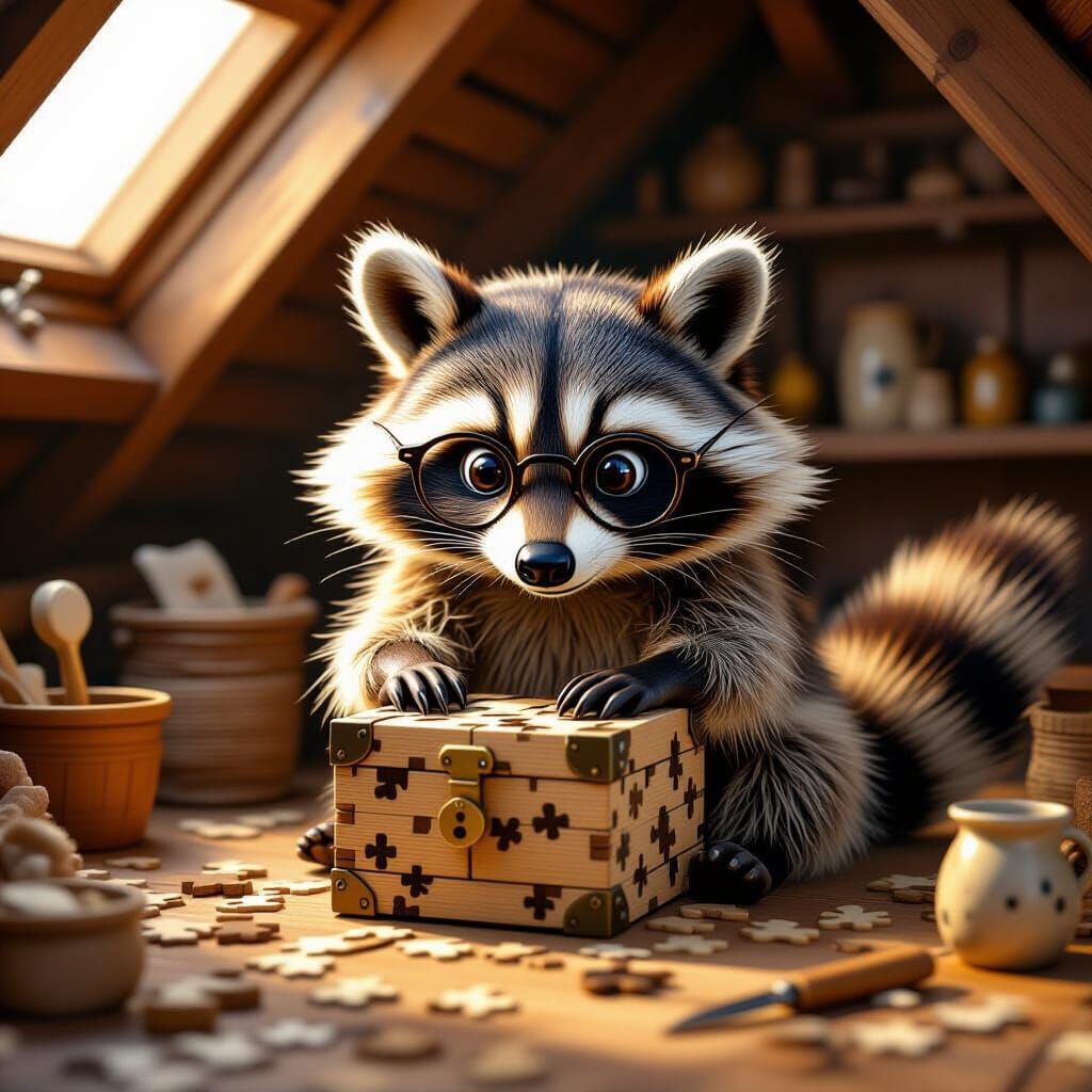 Raccoon Detective and Puzzle Box in Golden Light