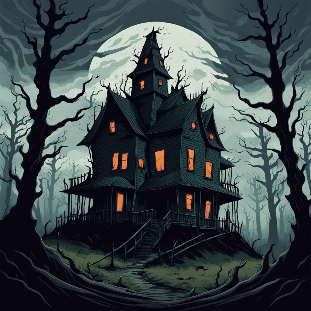 Scary Comic Book Forest with Sinister House