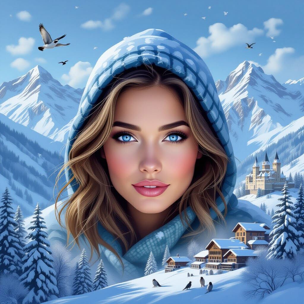 Woman with Blue Eyes in Winter Mountain Landscape