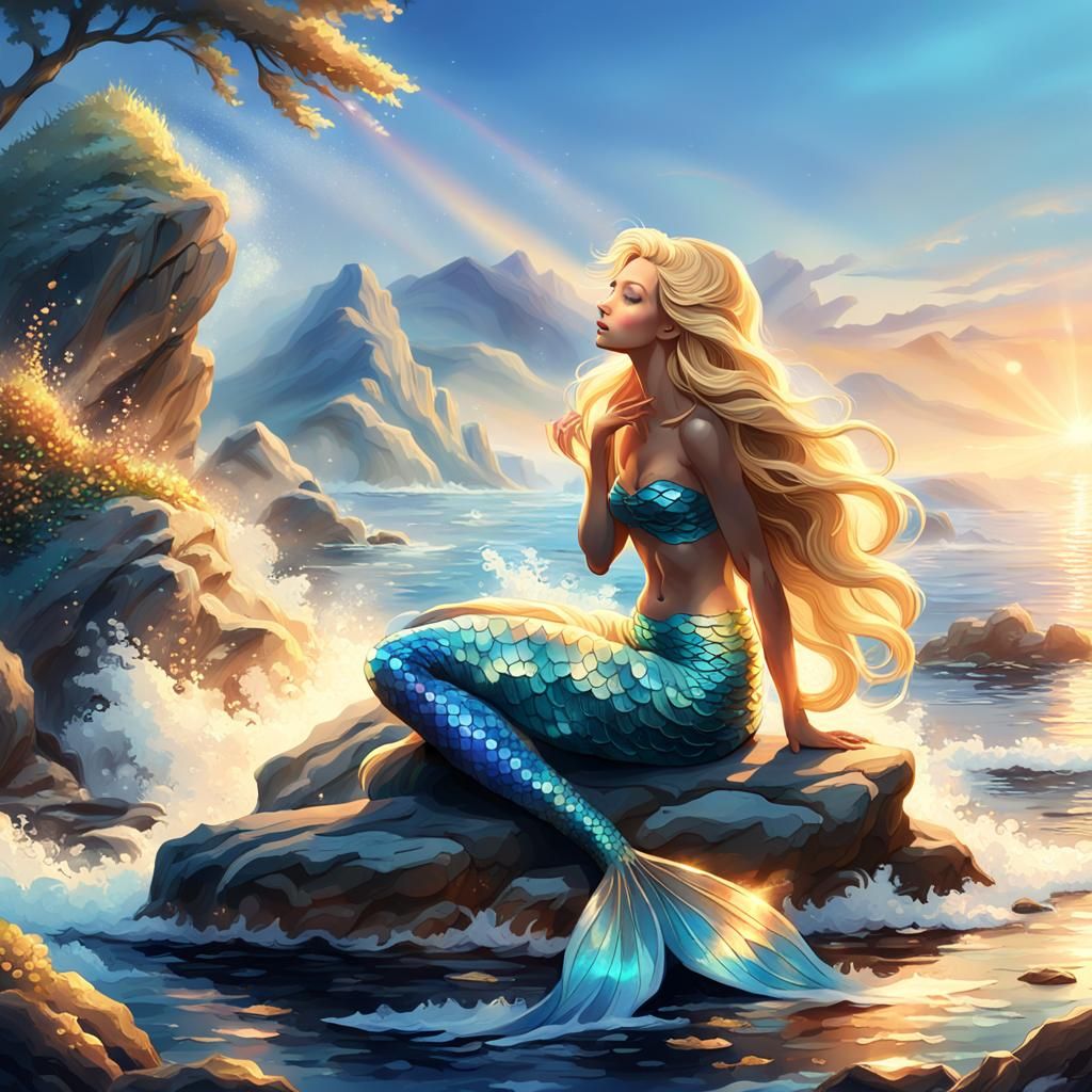 Golden Mermaid Kiss in a Fantasy Ocean Scene