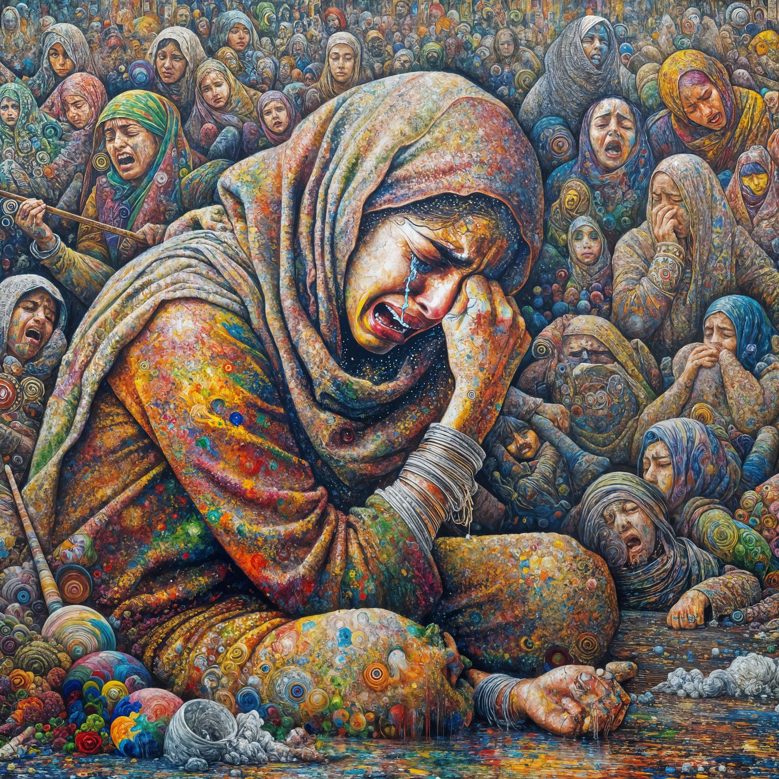 Heartbroken Woman in a Vibrant, Chaotic Landscape